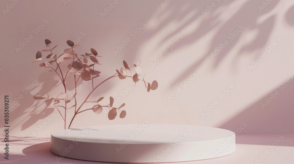 Aufkleber a round white display stand is bathed in soft pink light, with delicate shadows of a plant casting p