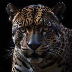 A jaguar with intense eyes and a fierce expression, set against a dark background