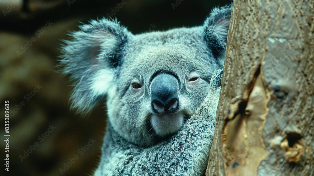 Sticker   A sharp image of a koala perched on a tree with its head resting on a branch, set against a clear background