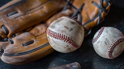 detailed close-up of a baseball glove's stitching, with a bat and ball next to it on a black table