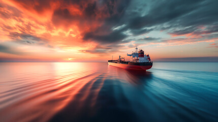 A large ship flows in the ocean into an early soft sunset