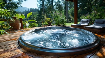 Fototapeta premium Wooden Deck with Hot Tub: seating area with lounge chairs, small table, surrounding forest