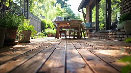 Traditional Wooden Deck Patio,  warm-toned hardwood planks, wooden dining table and matching chairs