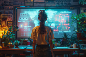 An animation of a teacher using a smartboard, with interactive elements showing subjects like math or geography,