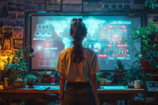 An animation of a teacher using a smartboard, with interactive elements showing subjects like math or geography,