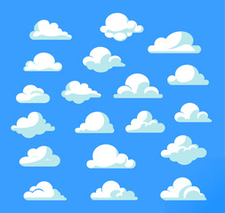 cloud set on blue background. vector cartoon clouds set.