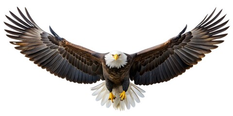 Majestic Bald Eagle in Flight, Front View Perspective, White and Brown Feather Detail