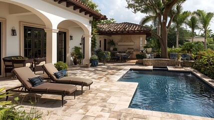 Poolside Paver Patio, swimming pool, slip-resistant pavers in cool tones,  reclining lounge chairs and small side tables