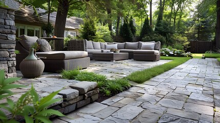 Interlocking Paver Patio, mix of lounge chairs and a low table for a casual outdoor living room