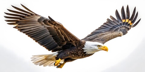 Obraz premium Majestic Bald Eagle in Flight, Side View Perspective, White and Brown Feather Detail, Sharp Eyes