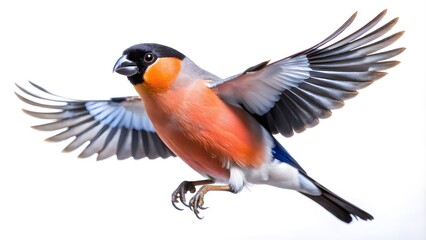 Vibrant Bullfinch in Flight, Side View Perspective, Nature Bird Photography, Detailed Feather Texture, White Background
