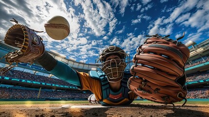 shortstop diving for a catch, the ball just inches from the glove, with the stadium full of cheering fans