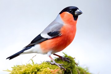Fototapeta premium Vibrant Bullfinch in Perch on Moss, Side View Perspective, Nature Bird Photography, Detailed Feather Texture, White Background
