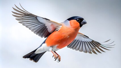 Vibrant Bullfinch in Flight, Side View Perspective, Wings Spread Open, Nature Bird Photography, Detailed Feather Texture, White Background