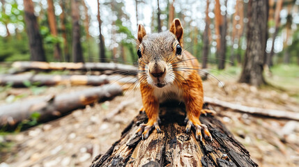    a squirrel perched on a log amidst the dense forest foliage