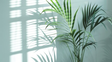 A gentle white backdrop for showcasing products with a plant s shadow and blinds reflected on the wall