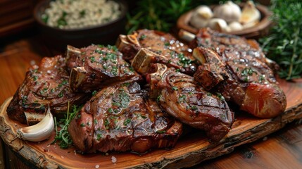 Grilled meat served on a wooden platter with garlic