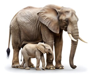 Obraz premium African Elephant Family Bonding, Adult and Calf, Wildlife Portrait, on White Background