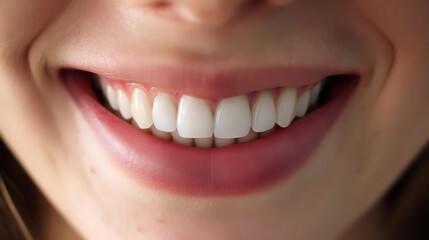 Obraz premium Close up of a smiling woman with white teeth, Close up view of a women mouth with healthy teeth