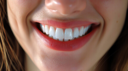 Fototapeta premium Close up of a smiling woman with white teeth, Close up view of a women mouth with healthy teeth