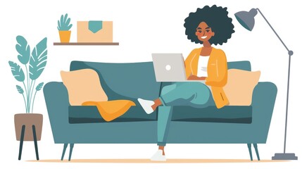 Joyful Female Relaxing on Couch with Computer Grinning and Conducting Virtual Lessons