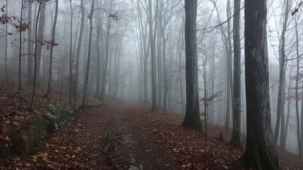Naklejka premium Foreboding Forest Path Under Heavy Mist - Nightmare Motif Design for Posters and Halloween Themes