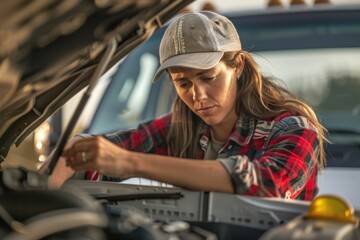 Caucasian female mechanic working on a truck engine, wearing a plaid shirt and cap, focused and hands-on in her approach during daylight.