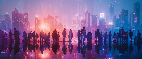 A group of business people standing in front of a cityscape background in a double exposure photography style