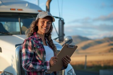 Fototapeta premium Young Caucasian female truck driver with a clipboard, smiling by her truck during sunrise in a rural area.