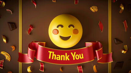 Design an image with a 3D luxury yellow emoji, under a red ribbon banner with "Thank You" in yellow text on a rich chocolate brown background.