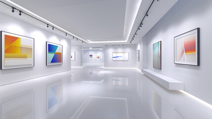 Minimalist Avant Art Gallery layout displaying contemporary kinetic art in a sleek, minimalist space, emphasizing movement and interaction,