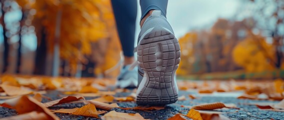 Close up of a woman's legs in sportswear walking on the street, with autumn leaves lying around