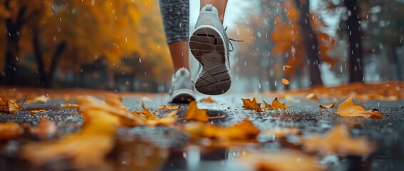 Close-up of women's legs in sportswear walking along the street, fall leaves are lying around. Close-up view from feet to shoes