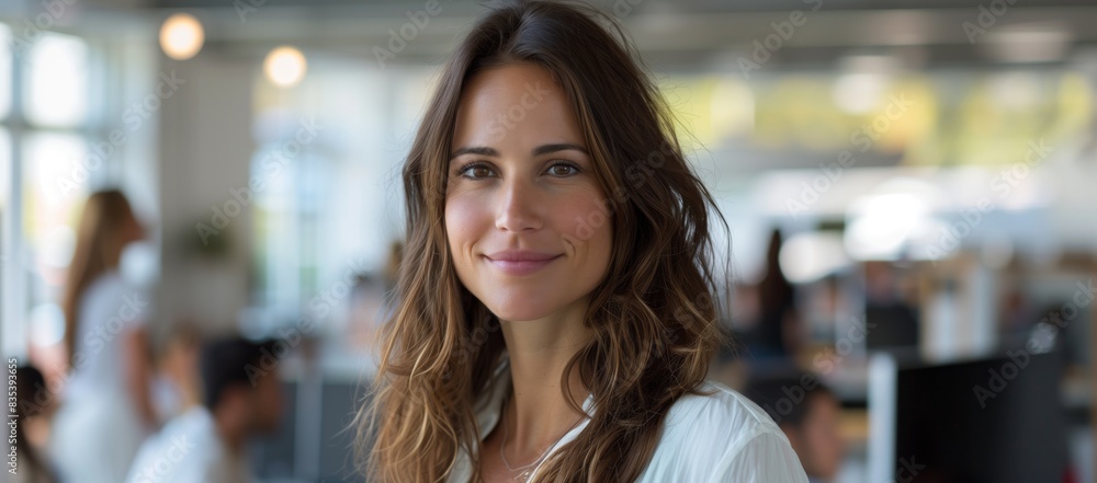 Wall mural Portrait of a smiling business woman standing in a busy office