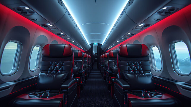 Business class in black and red on a superjet plane