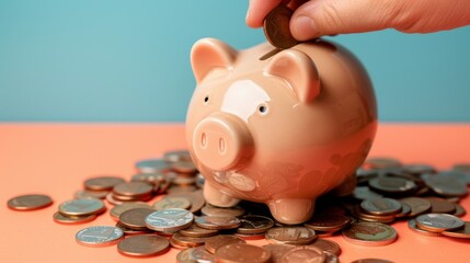 Piggy bank receiving coin addition, surrounded by accumulated wealth.
