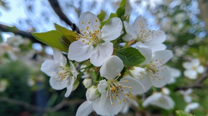 Beautiful white cherry blossoms in a garden viewed up close