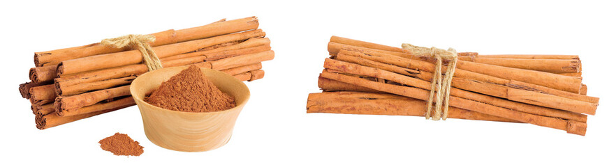 Cinnamon sticks with powder in wooden bowl isolated on white background with full depth of field