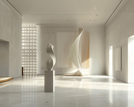 Minimalist Avant Art Gallery layout displaying contemporary parametric design in a clean, minimalist environment, celebrating computational design and artistic creativity,