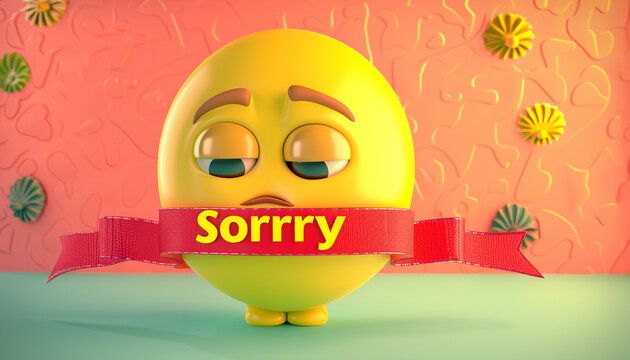 Naklejki Render a 3D yellow emoji with a sorry expression, highlighted by a red ribbon banner reading "Sorry" in yellow text on a vibrant coral background.