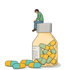 Illustration of person with medicine pills, social issues concept, vector design