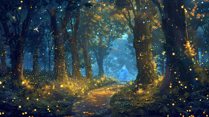 Digital illustration of a mystical forest scene with glowing fireflies and a faint fairy silhouette