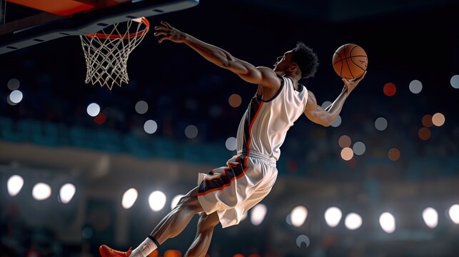 Low-angle view of a basketball player soaring for a slam dunk, with the arena lights creating a dramatic effect