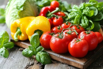 Fresh Tomatoes and Vegetables on Wooden Board