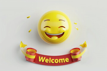 Illustrate a 3D luxury yellow emoji with a cheerful demeanor on a crisp white background. Below the emoji, a red ribbon banner carries the greeting "Welcome" in yellow letters.