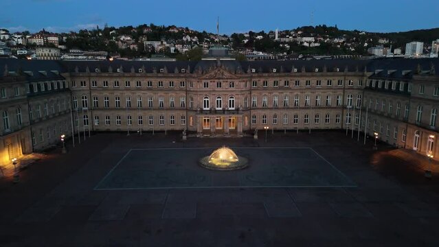 Building Stuttgart Germany drone aereal backwards dusk