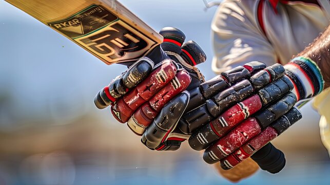 close-up shot of a batsman's gloves adjusting the grip on the cricket bat before facing a delivery