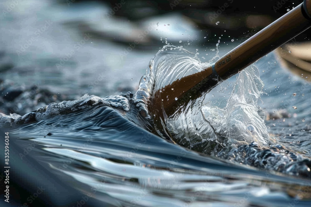 Poster close-up of rowing boat oars in motion creating intricate water patterns: dynamic fluid dynamics con