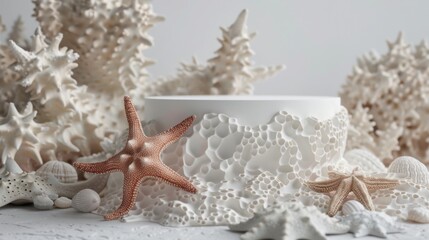 A beautifully arranged display featuring coral formations, starfish, and seashells on a white background, evoking a serene beach ambiance.
