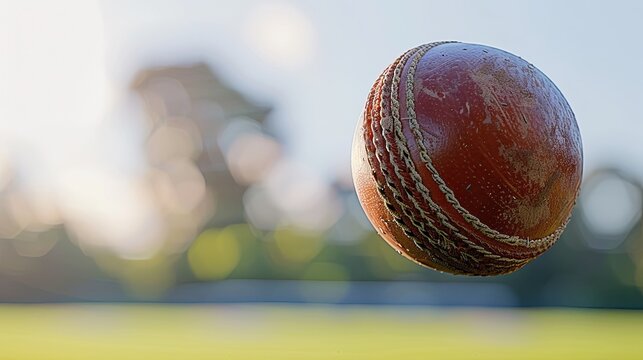 close-up shot of a cricket ball spinning in mid-air with the field blurred in the background